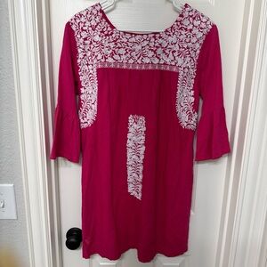 Pink Embroidered 3/4 Sleeve Tunic Dress